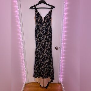 Navy blue and Cream Lace Evening Gown